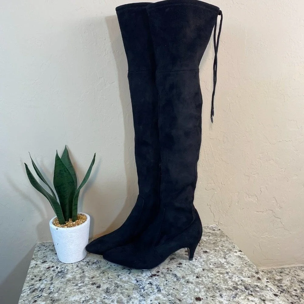 Sam Edelman Black Suede Over The Knee Kitten‎ Heel Boots Size 6 Pointed Toe Tie